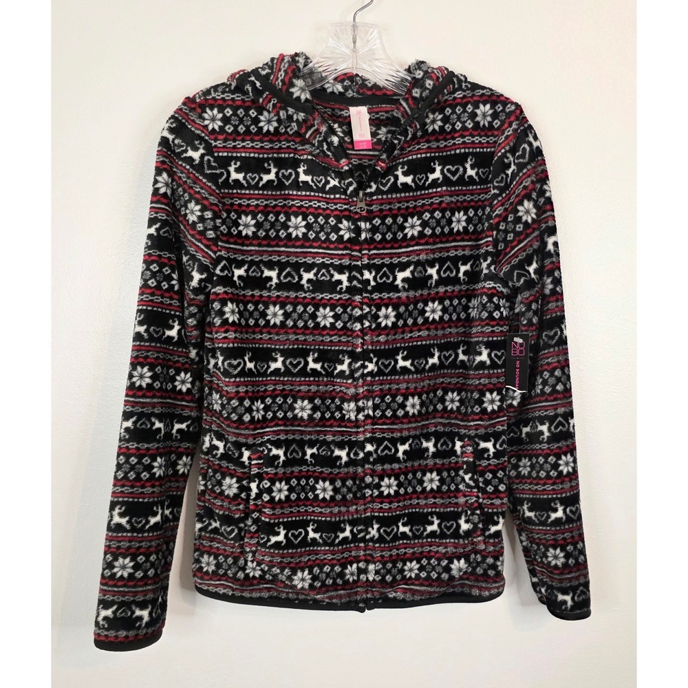 No Boundaries Fair Isle Reindeer Fleece Zip Up Hoodie Red Black White Small